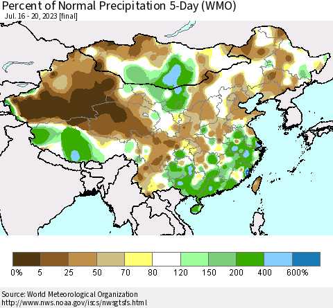 China, Mongolia and Taiwan Percent of Normal Precipitation 5-Day (WMO) Thematic Map For 7/16/2023 - 7/20/2023