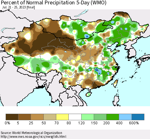 China, Mongolia and Taiwan Percent of Normal Precipitation 5-Day (WMO) Thematic Map For 7/21/2023 - 7/25/2023
