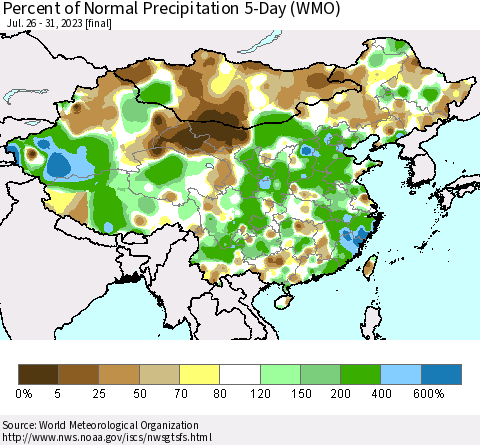 China, Mongolia and Taiwan Percent of Normal Precipitation 5-Day (WMO) Thematic Map For 7/26/2023 - 7/31/2023