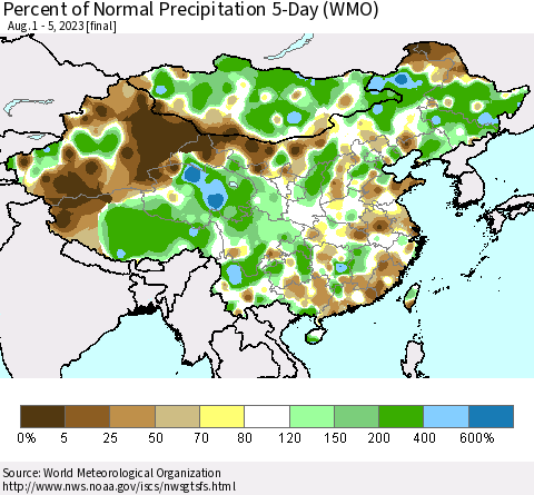 China, Mongolia and Taiwan Percent of Normal Precipitation 5-Day (WMO) Thematic Map For 8/1/2023 - 8/5/2023