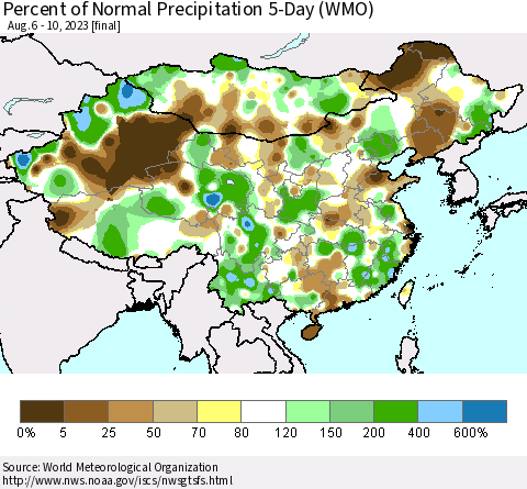 China, Mongolia and Taiwan Percent of Normal Precipitation 5-Day (WMO) Thematic Map For 8/6/2023 - 8/10/2023