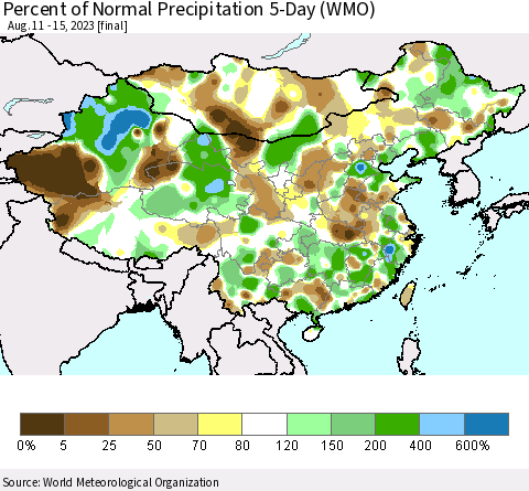 China, Mongolia and Taiwan Percent of Normal Precipitation 5-Day (WMO) Thematic Map For 8/11/2023 - 8/15/2023