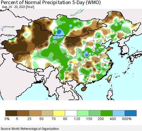 China, Mongolia and Taiwan Percent of Normal Precipitation 5-Day (WMO) Thematic Map For 8/16/2023 - 8/20/2023