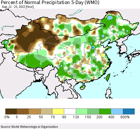 China, Mongolia and Taiwan Percent of Normal Precipitation 5-Day (WMO) Thematic Map For 8/21/2023 - 8/25/2023