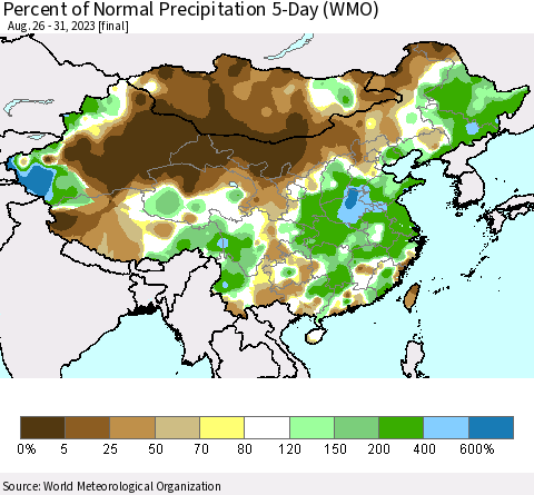 China, Mongolia and Taiwan Percent of Normal Precipitation 5-Day (WMO) Thematic Map For 8/26/2023 - 8/31/2023