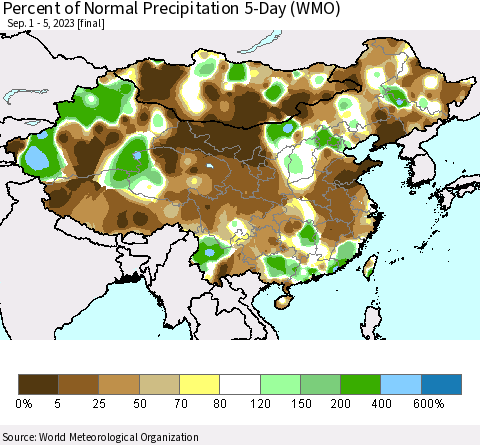 China, Mongolia and Taiwan Percent of Normal Precipitation 5-Day (WMO) Thematic Map For 9/1/2023 - 9/5/2023