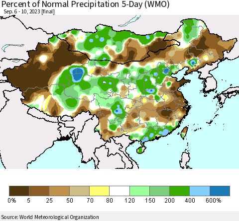 China, Mongolia and Taiwan Percent of Normal Precipitation 5-Day (WMO) Thematic Map For 9/6/2023 - 9/10/2023