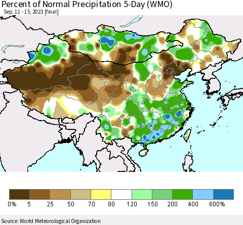 China, Mongolia and Taiwan Percent of Normal Precipitation 5-Day (WMO) Thematic Map For 9/11/2023 - 9/15/2023