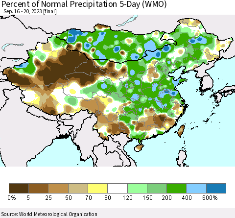 China, Mongolia and Taiwan Percent of Normal Precipitation 5-Day (WMO) Thematic Map For 9/16/2023 - 9/20/2023