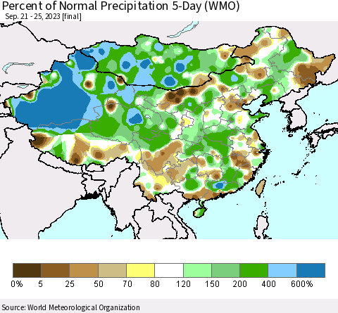 China, Mongolia and Taiwan Percent of Normal Precipitation 5-Day (WMO) Thematic Map For 9/21/2023 - 9/25/2023
