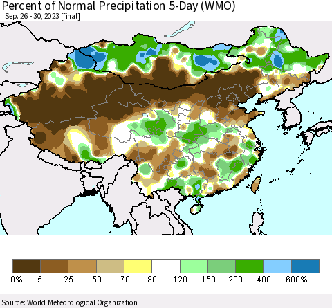 China, Mongolia and Taiwan Percent of Normal Precipitation 5-Day (WMO) Thematic Map For 9/26/2023 - 9/30/2023