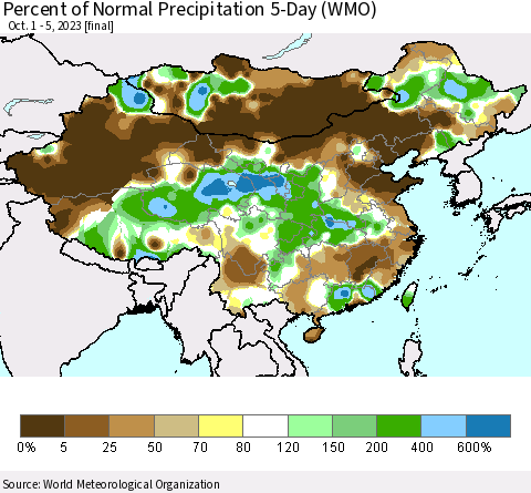 China, Mongolia and Taiwan Percent of Normal Precipitation 5-Day (WMO) Thematic Map For 10/1/2023 - 10/5/2023
