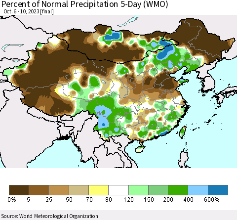 China, Mongolia and Taiwan Percent of Normal Precipitation 5-Day (WMO) Thematic Map For 10/6/2023 - 10/10/2023