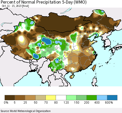 China, Mongolia and Taiwan Percent of Normal Precipitation 5-Day (WMO) Thematic Map For 10/11/2023 - 10/15/2023
