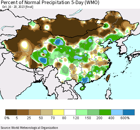 China, Mongolia and Taiwan Percent of Normal Precipitation 5-Day (WMO) Thematic Map For 10/16/2023 - 10/20/2023