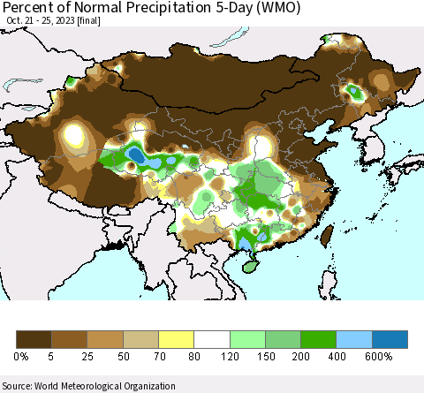 China, Mongolia and Taiwan Percent of Normal Precipitation 5-Day (WMO) Thematic Map For 10/21/2023 - 10/25/2023