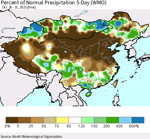 China, Mongolia and Taiwan Percent of Normal Precipitation 5-Day (WMO) Thematic Map For 10/26/2023 - 10/31/2023