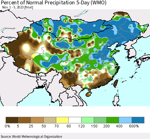 China, Mongolia and Taiwan Percent of Normal Precipitation 5-Day (WMO) Thematic Map For 11/1/2023 - 11/5/2023