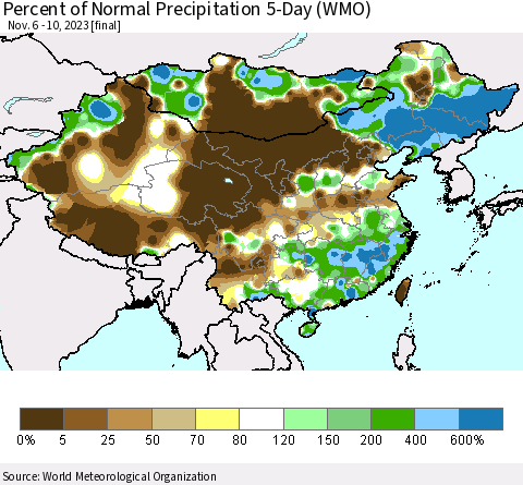 China, Mongolia and Taiwan Percent of Normal Precipitation 5-Day (WMO) Thematic Map For 11/6/2023 - 11/10/2023