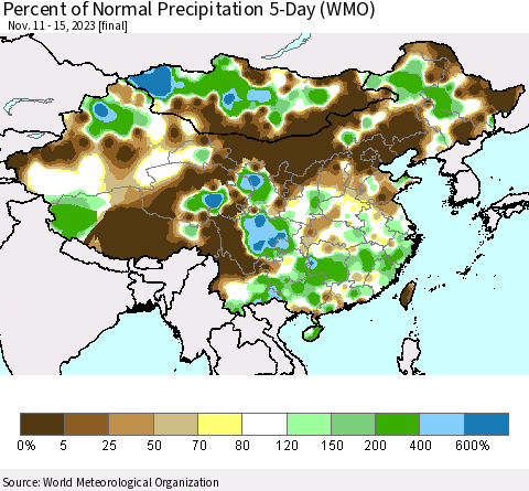 China, Mongolia and Taiwan Percent of Normal Precipitation 5-Day (WMO) Thematic Map For 11/11/2023 - 11/15/2023