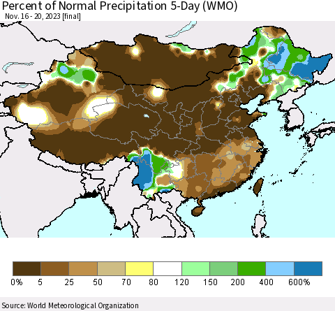 China, Mongolia and Taiwan Percent of Normal Precipitation 5-Day (WMO) Thematic Map For 11/16/2023 - 11/20/2023