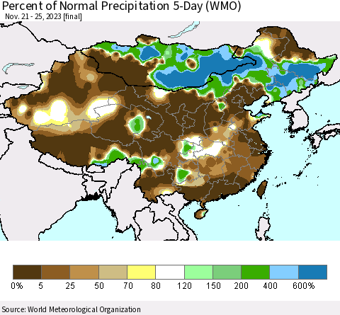 China, Mongolia and Taiwan Percent of Normal Precipitation 5-Day (WMO) Thematic Map For 11/21/2023 - 11/25/2023