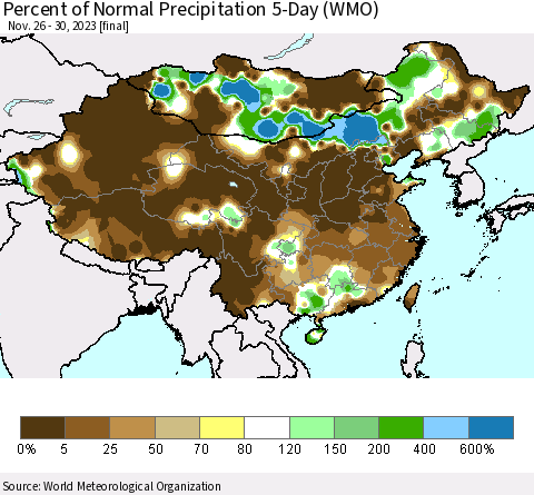 China, Mongolia and Taiwan Percent of Normal Precipitation 5-Day (WMO) Thematic Map For 11/26/2023 - 11/30/2023