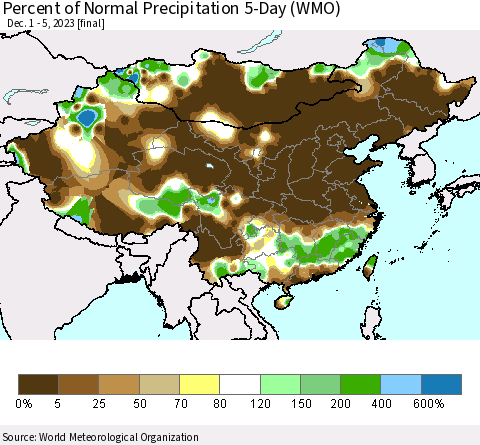 China, Mongolia and Taiwan Percent of Normal Precipitation 5-Day (WMO) Thematic Map For 12/1/2023 - 12/5/2023