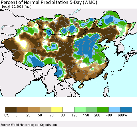 China, Mongolia and Taiwan Percent of Normal Precipitation 5-Day (WMO) Thematic Map For 12/6/2023 - 12/10/2023