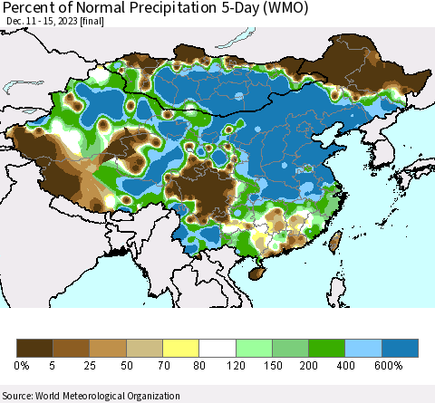China, Mongolia and Taiwan Percent of Normal Precipitation 5-Day (WMO) Thematic Map For 12/11/2023 - 12/15/2023