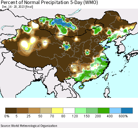 China, Mongolia and Taiwan Percent of Normal Precipitation 5-Day (WMO) Thematic Map For 12/16/2023 - 12/20/2023