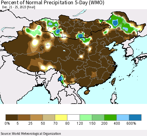 China, Mongolia and Taiwan Percent of Normal Precipitation 5-Day (WMO) Thematic Map For 12/21/2023 - 12/25/2023