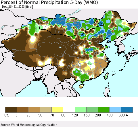 China, Mongolia and Taiwan Percent of Normal Precipitation 5-Day (WMO) Thematic Map For 12/26/2023 - 12/31/2023