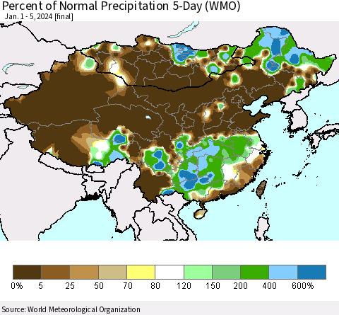 China, Mongolia and Taiwan Percent of Normal Precipitation 5-Day (WMO) Thematic Map For 1/1/2024 - 1/5/2024