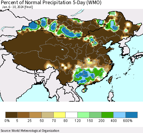 China, Mongolia and Taiwan Percent of Normal Precipitation 5-Day (WMO) Thematic Map For 1/6/2024 - 1/10/2024