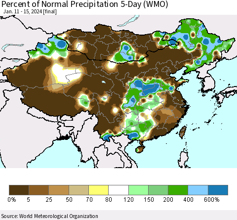 China, Mongolia and Taiwan Percent of Normal Precipitation 5-Day (WMO) Thematic Map For 1/11/2024 - 1/15/2024