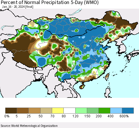 China, Mongolia and Taiwan Percent of Normal Precipitation 5-Day (WMO) Thematic Map For 1/16/2024 - 1/20/2024