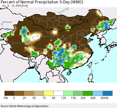 China, Mongolia and Taiwan Percent of Normal Precipitation 5-Day (WMO) Thematic Map For 1/21/2024 - 1/25/2024