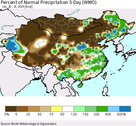 China, Mongolia and Taiwan Percent of Normal Precipitation 5-Day (WMO) Thematic Map For 1/26/2024 - 1/31/2024