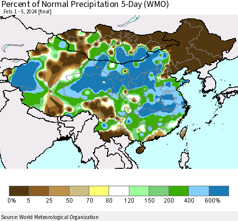 China, Mongolia and Taiwan Percent of Normal Precipitation 5-Day (WMO) Thematic Map For 2/1/2024 - 2/5/2024