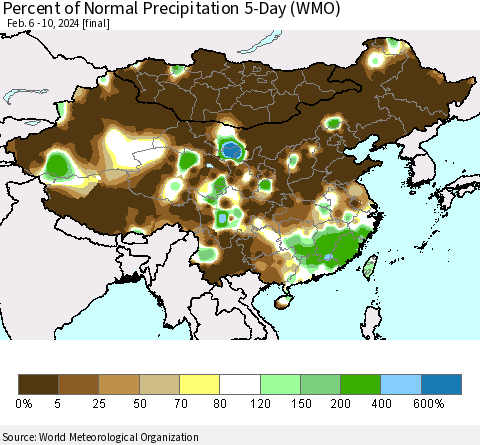 China, Mongolia and Taiwan Percent of Normal Precipitation 5-Day (WMO) Thematic Map For 2/6/2024 - 2/10/2024