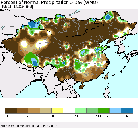 China, Mongolia and Taiwan Percent of Normal Precipitation 5-Day (WMO) Thematic Map For 2/11/2024 - 2/15/2024
