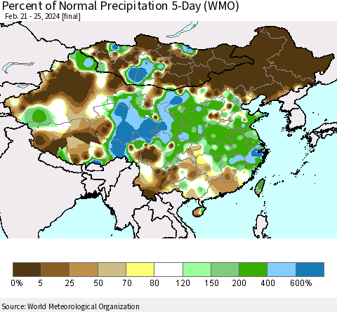 China, Mongolia and Taiwan Percent of Normal Precipitation 5-Day (WMO) Thematic Map For 2/21/2024 - 2/25/2024