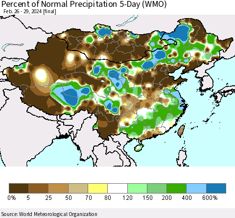 China, Mongolia and Taiwan Percent of Normal Precipitation 5-Day (WMO) Thematic Map For 2/26/2024 - 2/29/2024