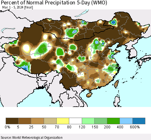 China, Mongolia and Taiwan Percent of Normal Precipitation 5-Day (WMO) Thematic Map For 3/1/2024 - 3/5/2024