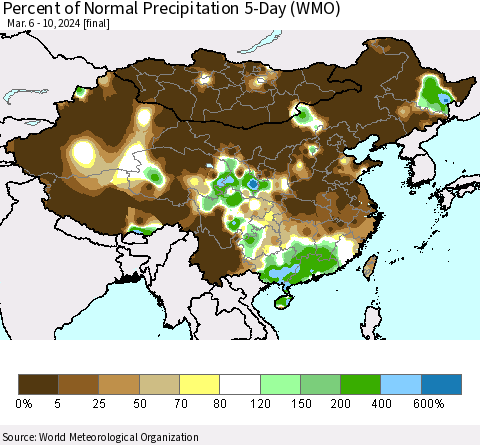 China, Mongolia and Taiwan Percent of Normal Precipitation 5-Day (WMO) Thematic Map For 3/6/2024 - 3/10/2024