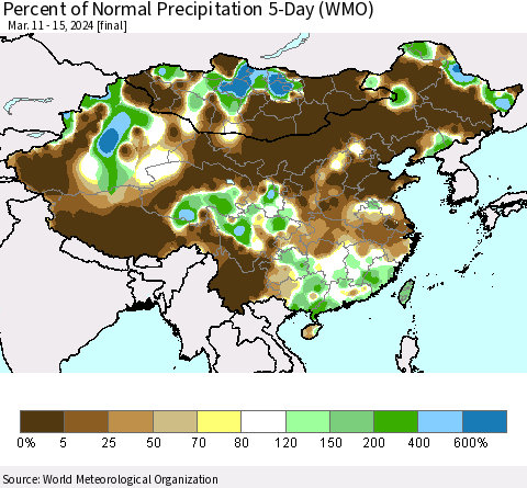 China, Mongolia and Taiwan Percent of Normal Precipitation 5-Day (WMO) Thematic Map For 3/11/2024 - 3/15/2024
