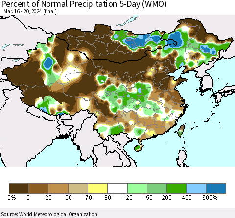 China, Mongolia and Taiwan Percent of Normal Precipitation 5-Day (WMO) Thematic Map For 3/16/2024 - 3/20/2024