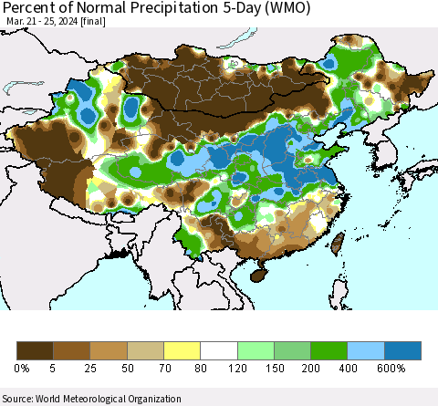 China, Mongolia and Taiwan Percent of Normal Precipitation 5-Day (WMO) Thematic Map For 3/21/2024 - 3/25/2024