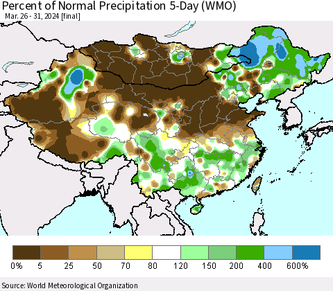 China, Mongolia and Taiwan Percent of Normal Precipitation 5-Day (WMO) Thematic Map For 3/26/2024 - 3/31/2024